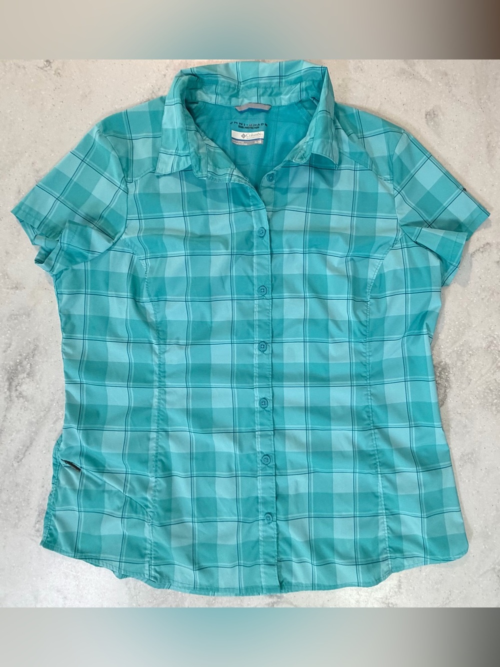 Columbia Omni Shade Aqua Plaid Short-Sleeve Button-Down Shirt Size XL